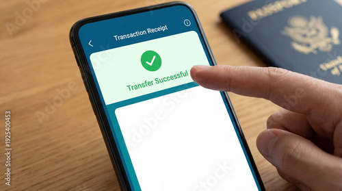 Close up of a hand confirming global remittance transfer on a smartphone with a passport in the background