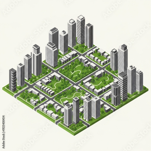 Isometric cityscape with modern skyscrapers and green parks.