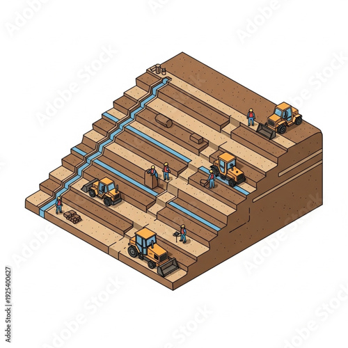 Isometric illustration of an open pit mine with excavators and workers.