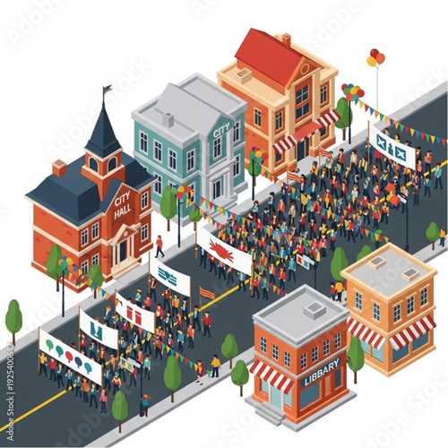 Vibrant street scene with crowd and buildings in isometric view.