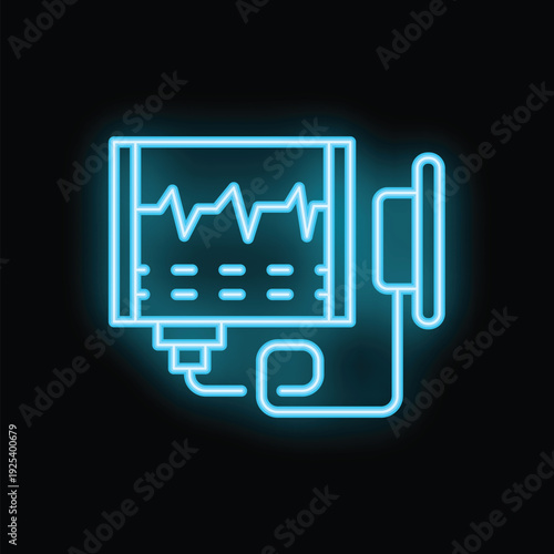 Blue neon icon of medical equipment showing heartbeat on monitor screen, isolated on black background