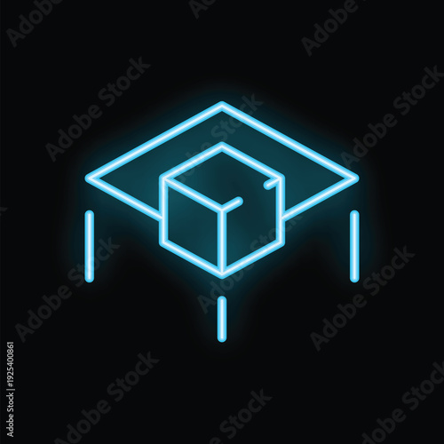 Blue glowing neon blockchain symbol with a cube hanging under a plane on a black background