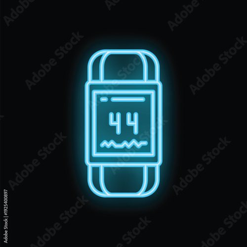 Blue neon icon of a smartwatch showing blood sugar level on its screen, isolated on a black background