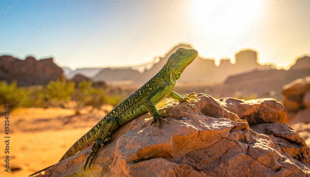 Fototapeta premium Green Lizard Sunbathing on a Rock in the Desert at Sunset.
