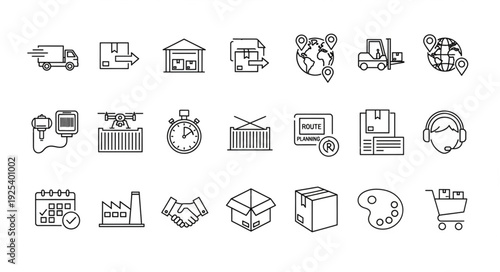 Collection of logistics and shipping icons in sketch style.
