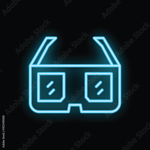 Blue neon icon of 3d glasses glowing on black background, representing watching movies in new dimension