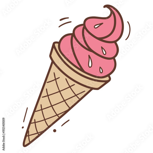 Melting pink ice cream cone with swirls and drips, a fun and refreshing summer treat illustration with a cartoonish feel