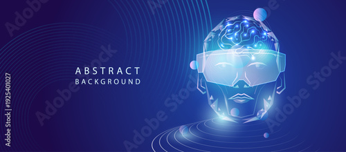 Futuristic artificial intelligence concept featuring a glowing digital human brain connected with neural network lines and data nodes on a blue and purple gradient background.