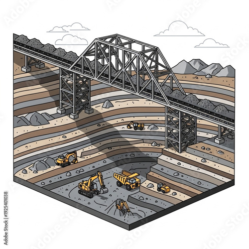 Isometric illustration of an open pit mine with heavy machinery and infrastructure.