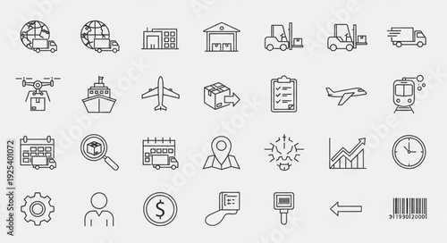 Collection of logistics and delivery service icons hand drawn style.