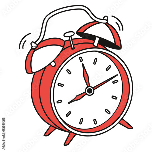 Red vintage alarm clock ringing loudly, hand-drawn illustration symbolizing time, urgency, or waking up