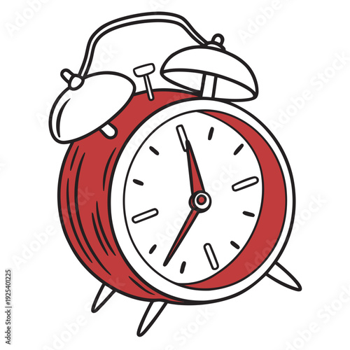 Red retro alarm clock with bells, hand-drawn style illustration indicating time passing or an alert