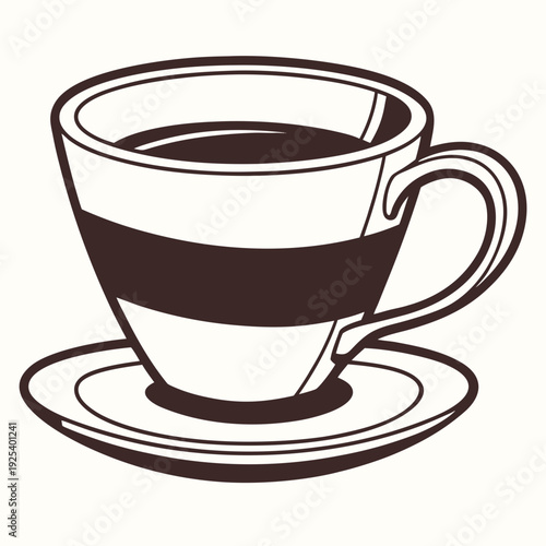 Stylized illustration of a classic coffee cup and saucer, featuring a dark stripe design and rich coffee
