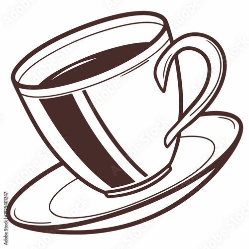 Espresso cup and saucer illustration, rich dark coffee in a modern ceramic mug, clean line art