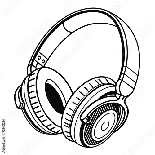 Detailed illustration of modern headphones, clean lines and shading, conveying sound and technology