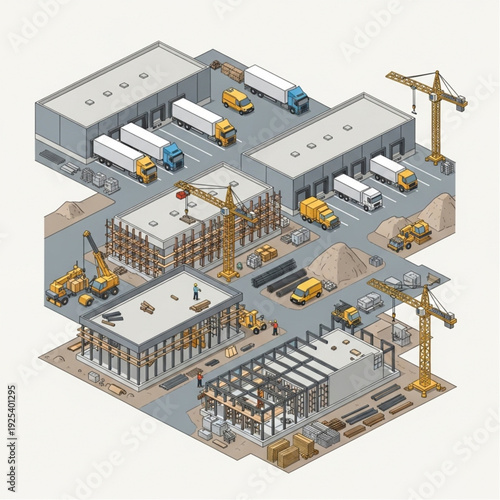Isometric Construction Site with Buildings and Heavy Machinery.