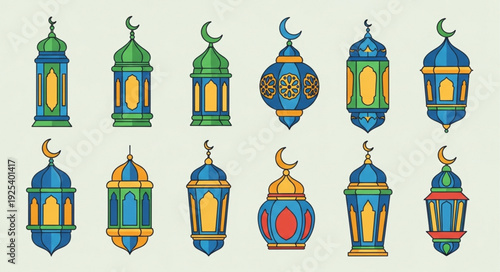 Collection of Islamic Lanterns with Crescent Moon Ornaments.