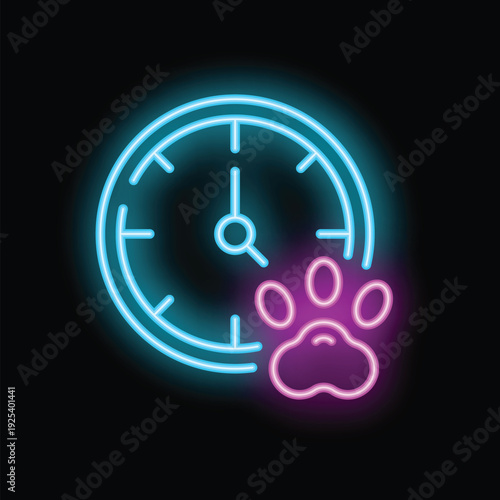 Neon sign of a paw print and a clock, perfect for representing pet services that require time management