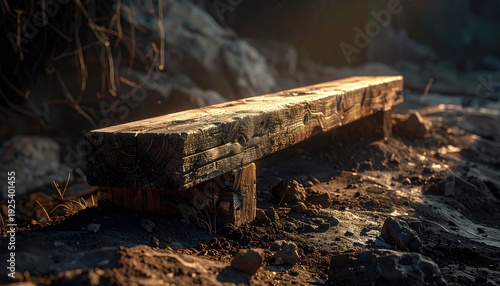 FlyPro Firefly Derelict Rough-hewn Wooden Beam Precariously Resting on Uneven Ground DSLR Photorealistic