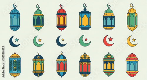 Collection of Islamic lanterns and crescent moons for Ramadan.