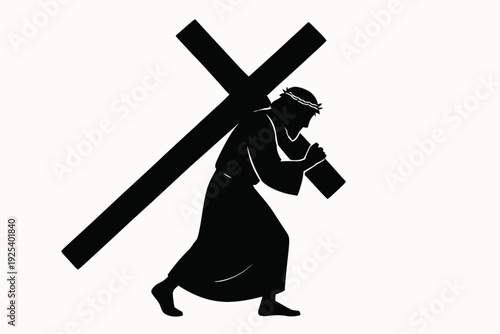 Flat vector silhouette of Jesus carrying the cross on his shoulder