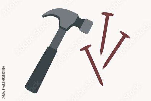 Flat vector illustration of hammer and three nails arranged in composition