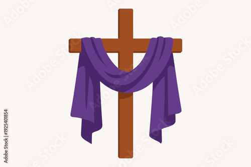 Flat vector purple Lent cloth draped over a wooden cross