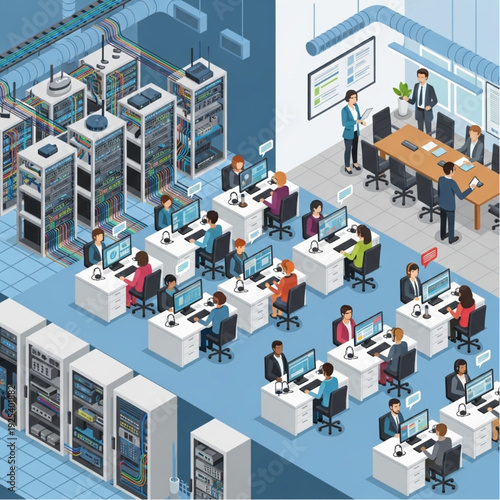 Data center with employees working on computers and servers in a modern office setting.