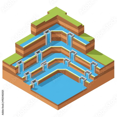 Isometric illustration of a stepped water reservoir system.