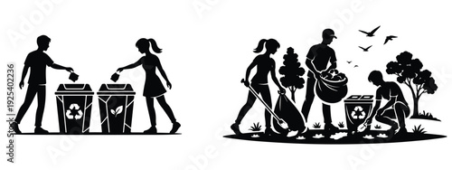 People Cleaning Environment and Collecting Trash Silhouette, Save Earth Concept