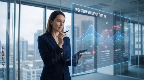A corporate operations manager analyzing workflow efficiency timelines on a transparent display in a modern office environment