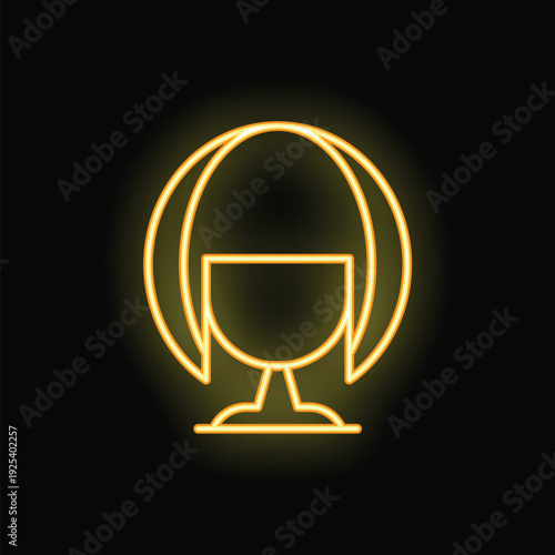 Neon sign of female silhouette with short bob haircut glowing on dark background