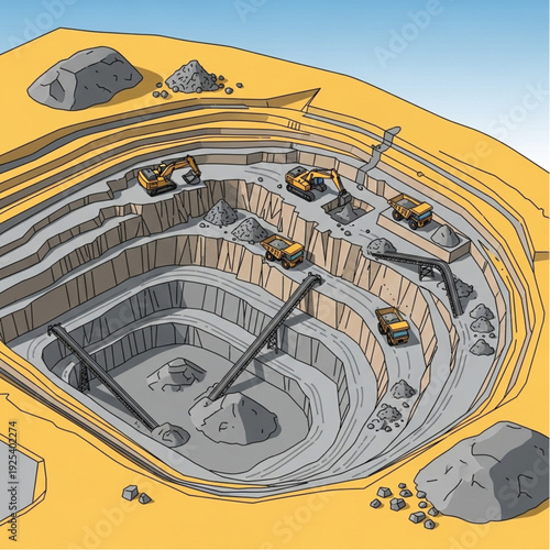 Open pit mine excavation with heavy machinery and construction equipment.