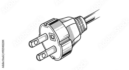 Close-up of a black and white illustration of a standard electrical power plug with two prongs and a grounding pin.
