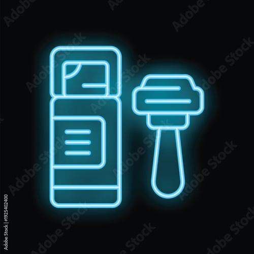 Glowing neon sign of shaving foam and razor on a black background