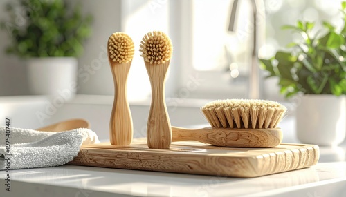 FlyPro Firefly Plant-based Dish Scrub Brushes with Wooden Handles and Natural Fibers, Detailed Photographic Capture, Soft Natural Light
