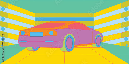 Vibrant Pop Art Style Illustration Featuring a Pink Car in a Dynamic Geometric Tunnel