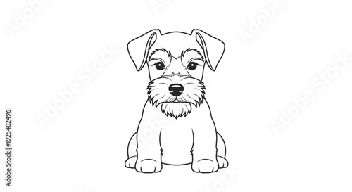 Cute Schnauzer Puppy Sitting, Black and White Line Art, Adorable Dog Illustration