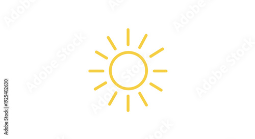 Bright Yellow Sun Icon with Rays on White Background, Simple Graphic Design Element