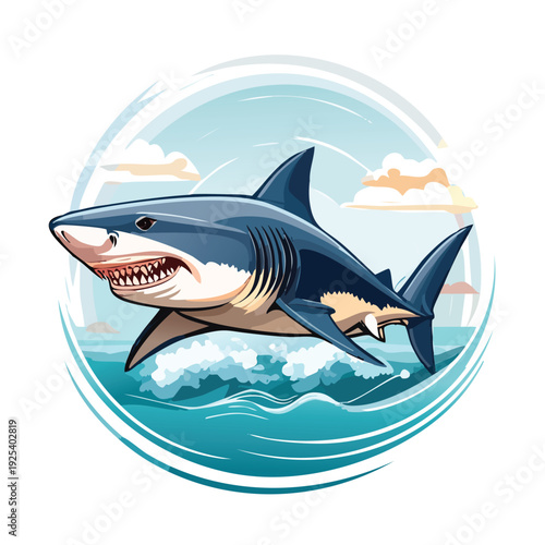 Cartoon shark illustration swimming in ocean waters