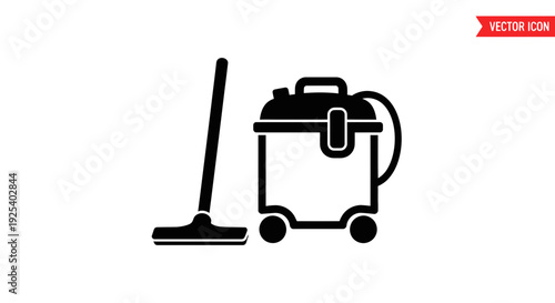 Black and white icon of a vacuum cleaner with a hose and a floor brush on a white background.
