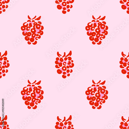 Vector seamless pattern of red abstract raspberries or blackberries in hand drawn doodle style. Minimalist summer fruit ornament on pink background. Perfect for apparel, kids fashion, kitchen decor