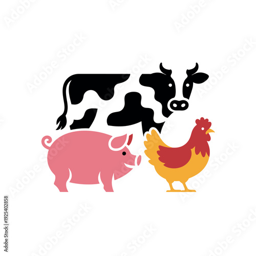 A colorful illustration of farm animals on a white background