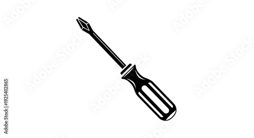 Black and white illustration of a Phillips head screwdriver, isolated on white background