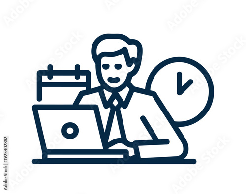 A businessman working on his laptop at a desk with a calendar and clock