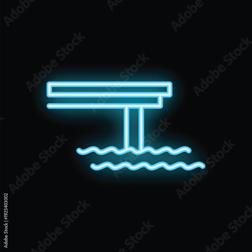 Bright blue neon sign depicting a diving board over water, perfect for advertising a swimming pool or beach