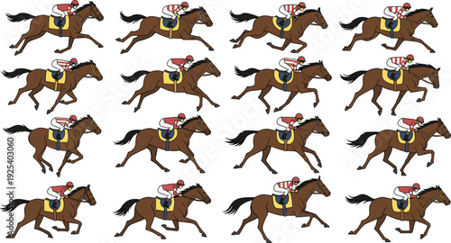 Jockey Riding Racehorse Vector Set with Galloping Horse Racing Animation Frames Isolated Equestrian Sport Collection
