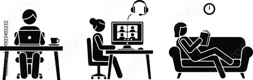 Remote work and online meeting silhouettes home office lifestyle vector illustration set