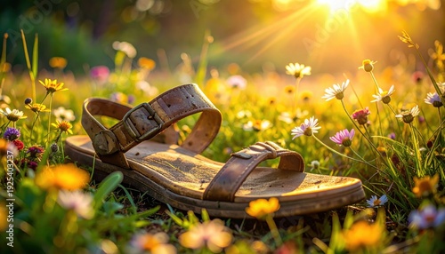 Lone Worn Sandal with Frayed Straps Near Resilient Wildflowers, Detailed Photographic Capture