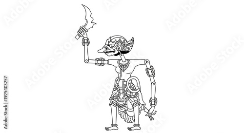 Traditional Indonesian Wayang Kulit Shadow Puppet of a Warrior with Sword